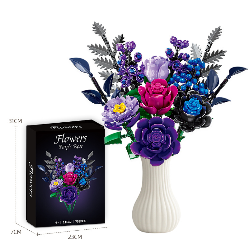 Purple Rose Building Blocks Flower Set DIY Artificial Flower Bouquet Kit for Home Decor Creative Gift for Adults & Kids
