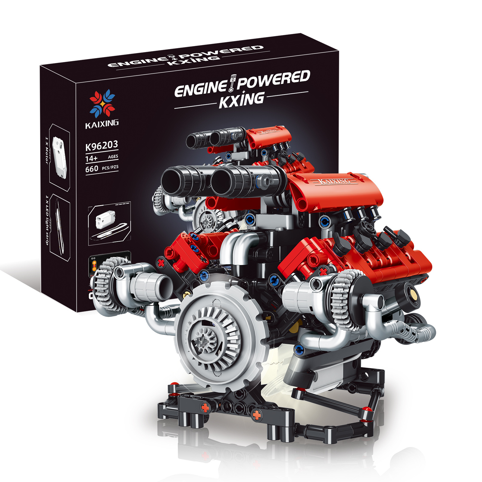 KAIXING K96203 App-Controlled V8 Engine 660PCS Motorized Mechanical Building Block Set with Clutch System Toys Sets