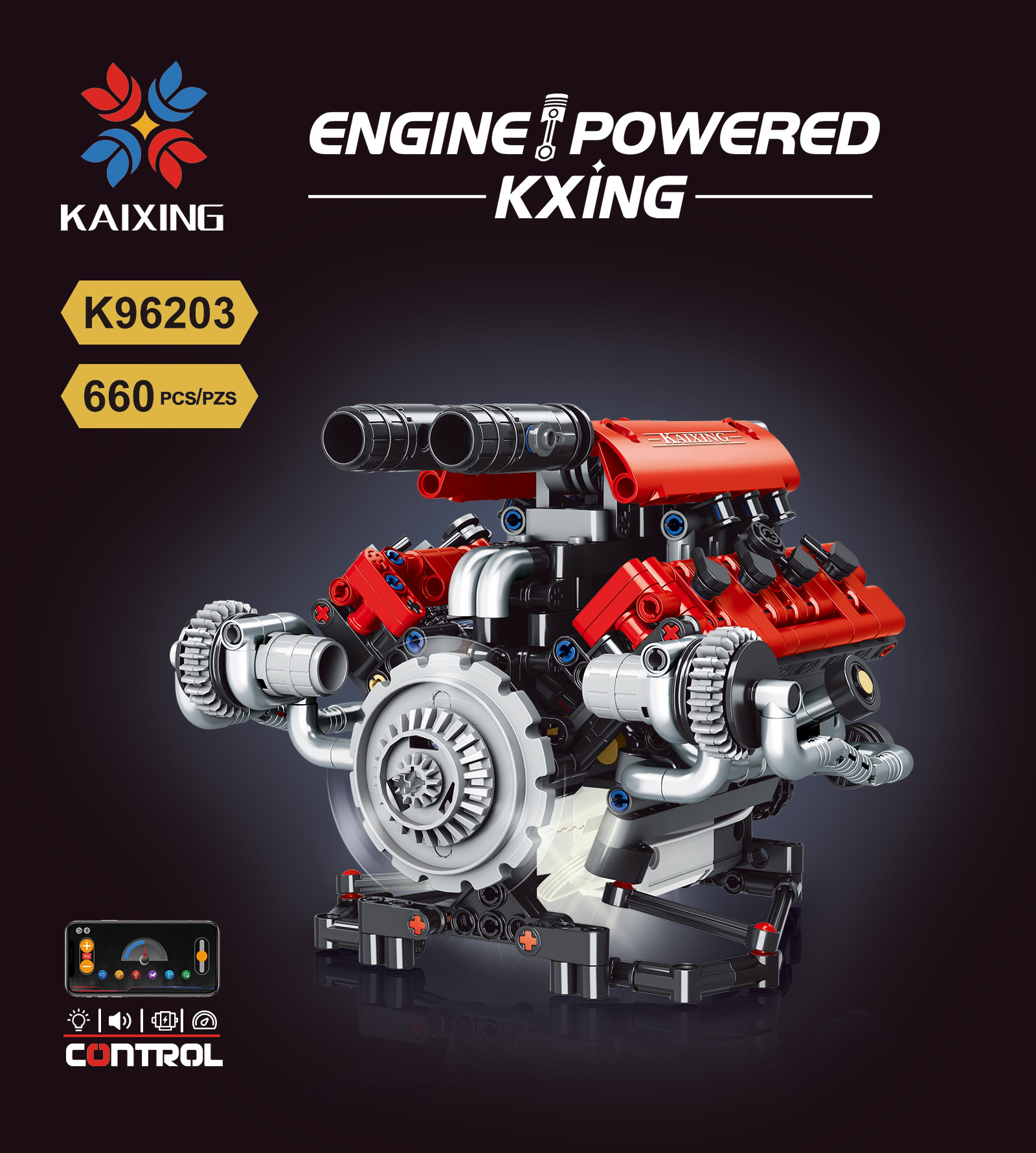 KAIXING K96203 App-Controlled V8 Engine 660PCS Motorized Mechanical Building Block Set with Clutch System Toys Sets