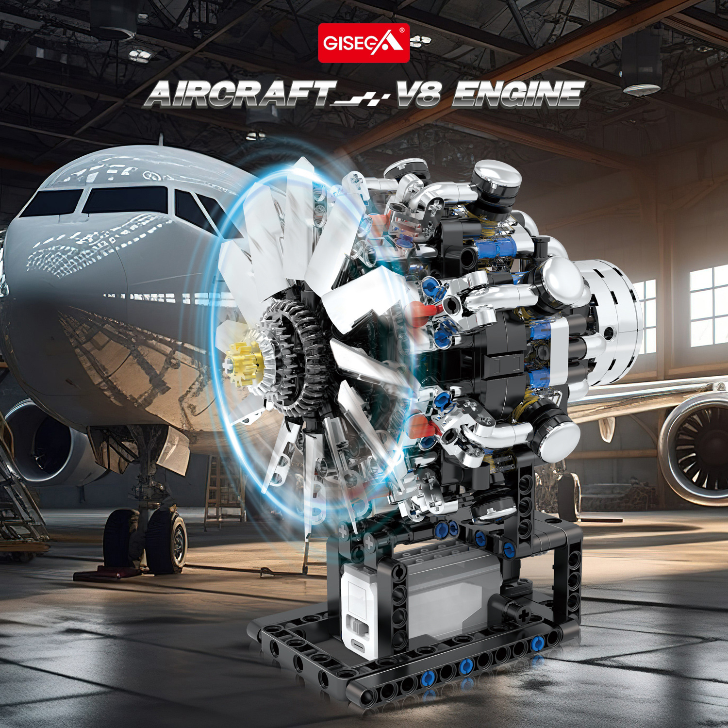 GISEGA Working Aircraft V8 Engine Building Set - 558PCS Realistic Radial Engine Replica for Aviation Enthusiasts