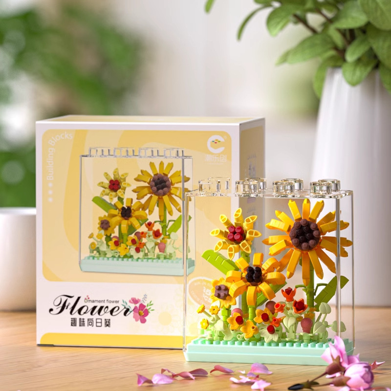 Flower Building Blocks Set with Clear Display Case, Artificial Bouquet Mini Bricks Kit, Eternal Flower Decor Gift for Adults & Teens