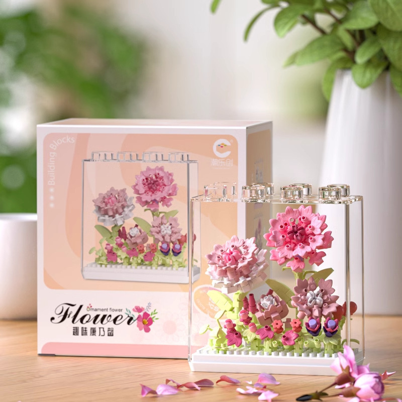 Flower Building Blocks Set with Clear Display Case, Artificial Bouquet Mini Bricks Kit, Eternal Flower Decor Gift for Adults & Teens