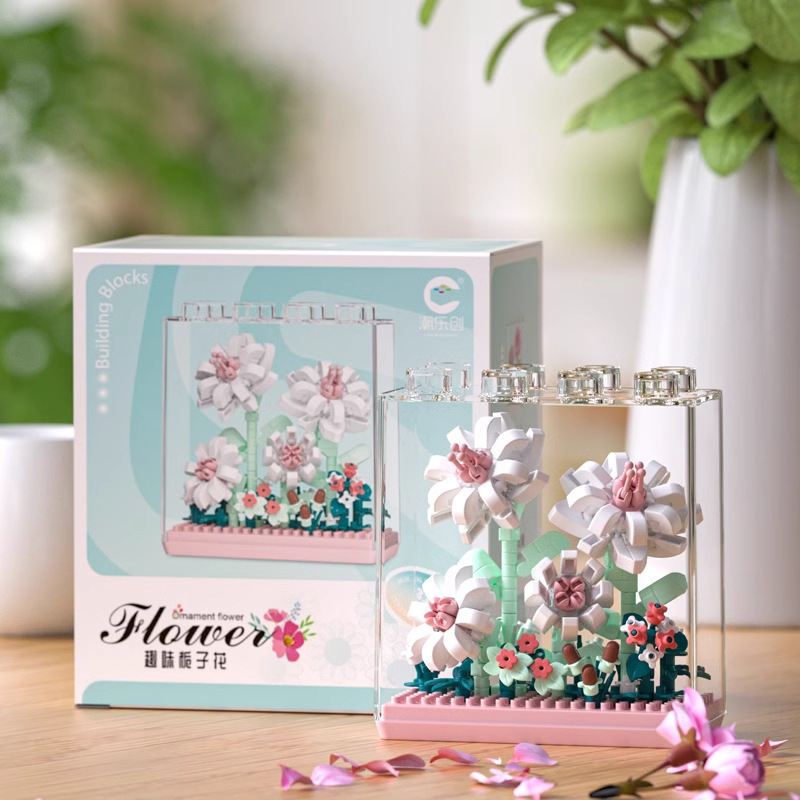 Flower Building Blocks Set with Clear Display Case, Artificial Bouquet Mini Bricks Kit, Eternal Flower Decor Gift for Adults & Teens