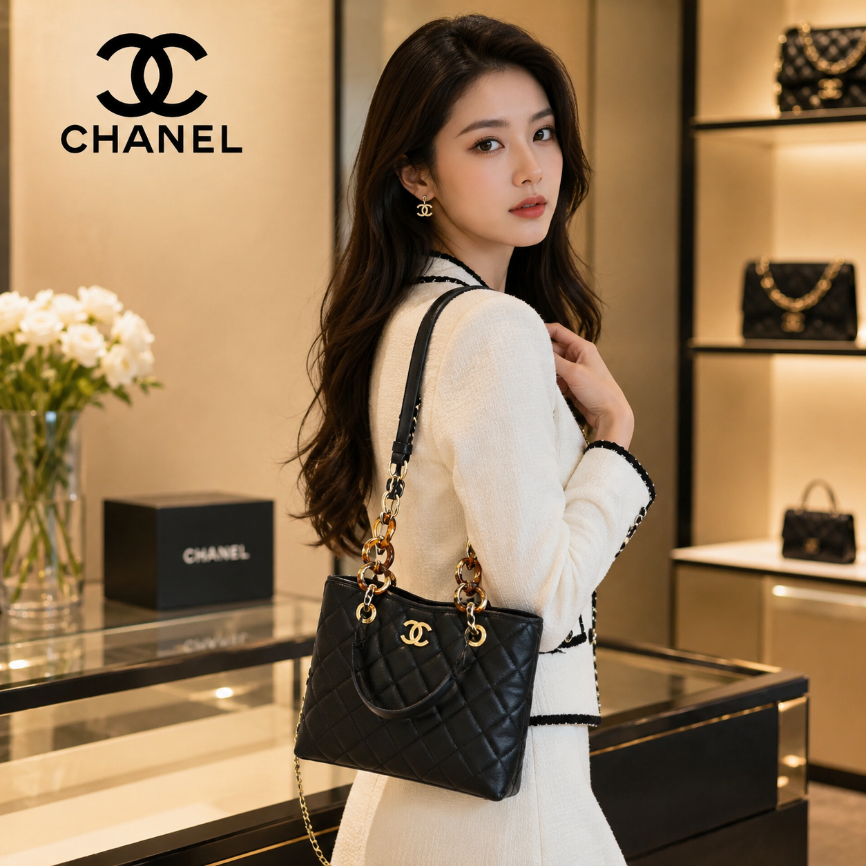 シャネル ダイヤモンド トートバッグ ブラック ラムスキン ゴールド金具 CCロゴ