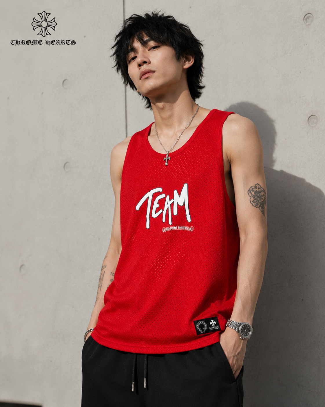 クロムハーツ レッド メッシュ TEAM タンクトップ スポーツジャージベスト