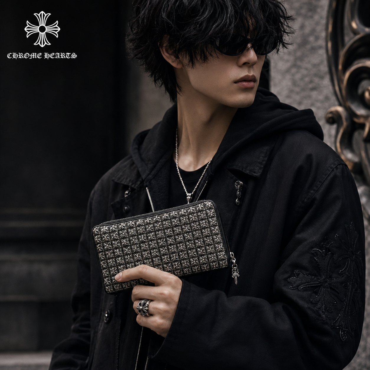 クロムハーツ REC F ジップ #2 ウォレット ゼロピラミッド ブラック シルバースタッズ 長財布