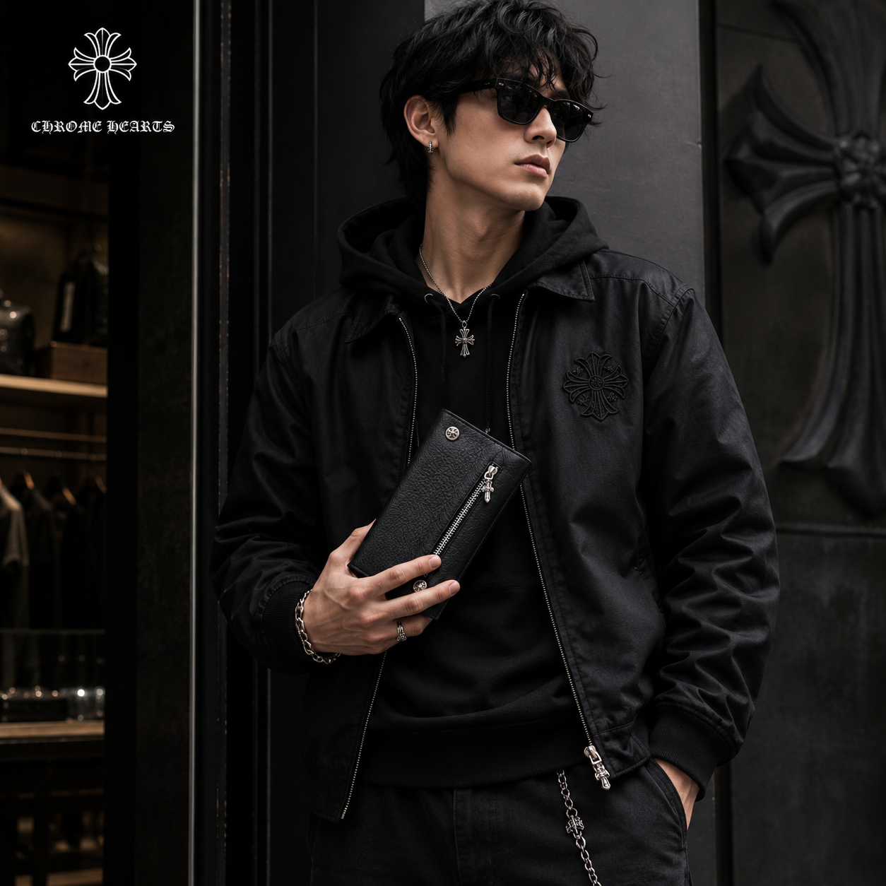 クロムハーツ ウェーブ ウォレット クロスボタン ブラック ヘビーレザー 長財布