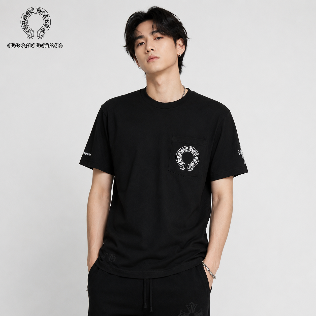 クロムハーツ Tシャツ ホースシュー サーフプリント ブラック 半袖トップス