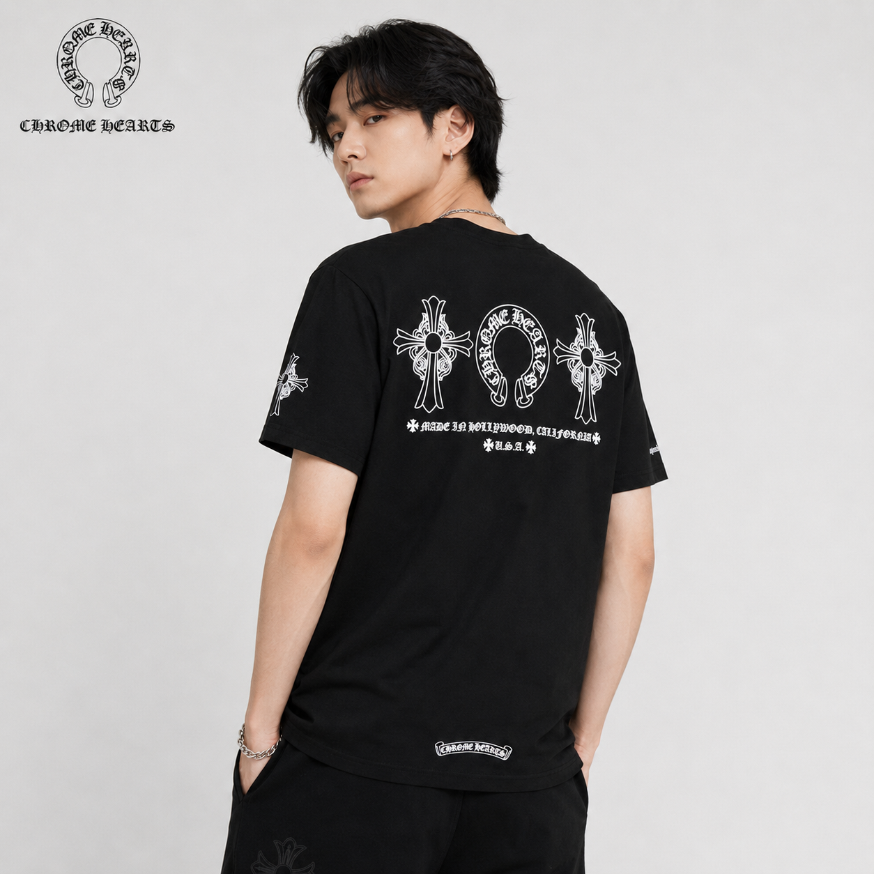 クロムハーツ Tシャツ ホースシュー サーフプリント ブラック 半袖トップス