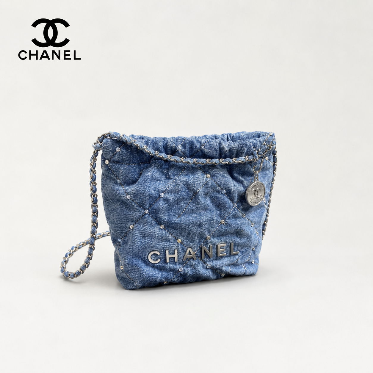 シャネル CHANEL 22 スモール ハンドバッグ AS3260 ブルー ウォッシュドデニム パール風スタッズ シルバー金具 チェーンショルダーバッグ