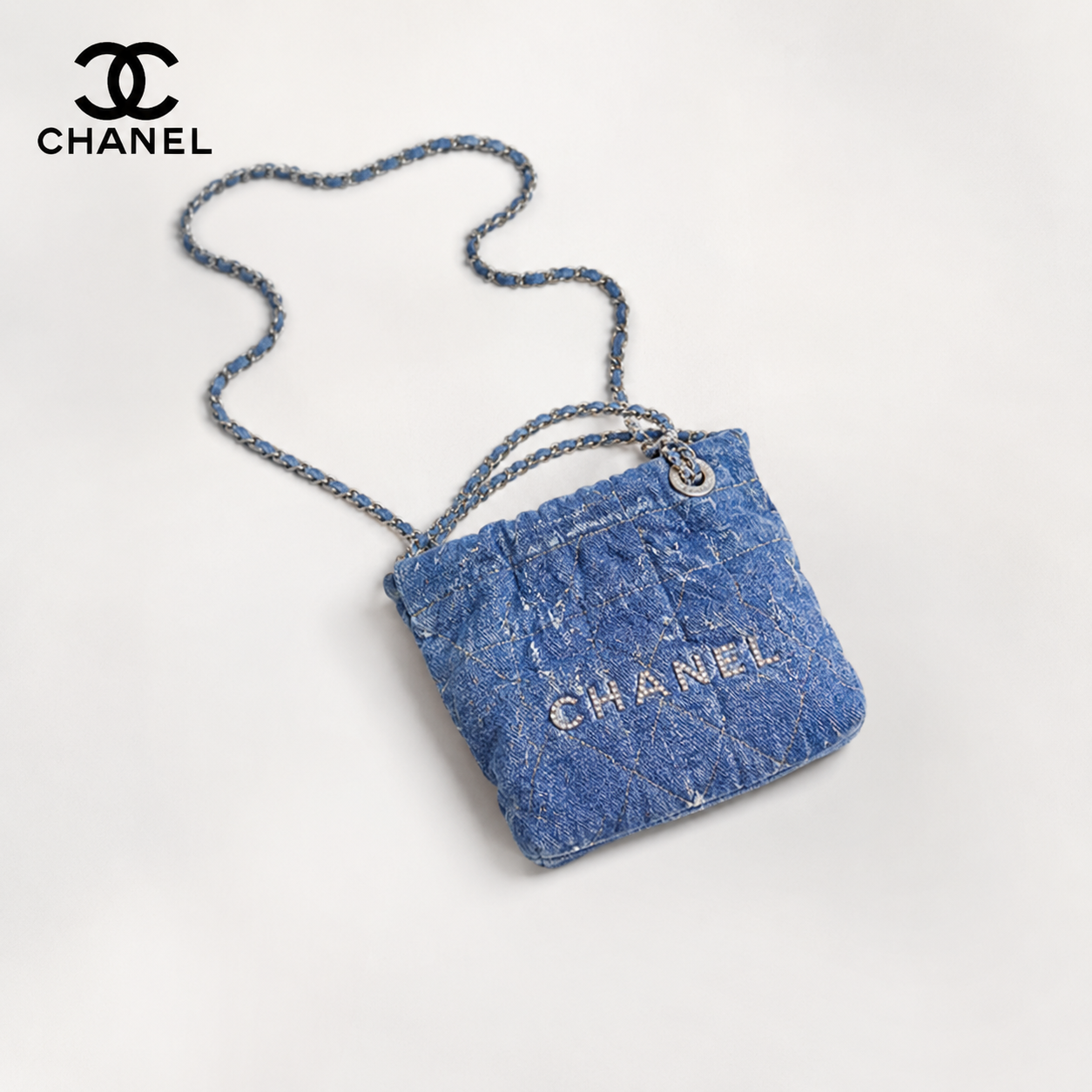 シャネル CHANEL 22 スモール ハンドバッグ AS3260 ブルー ウォッシュドデニム パール風スタッズ シルバー金具 チェーンショルダーバッグ