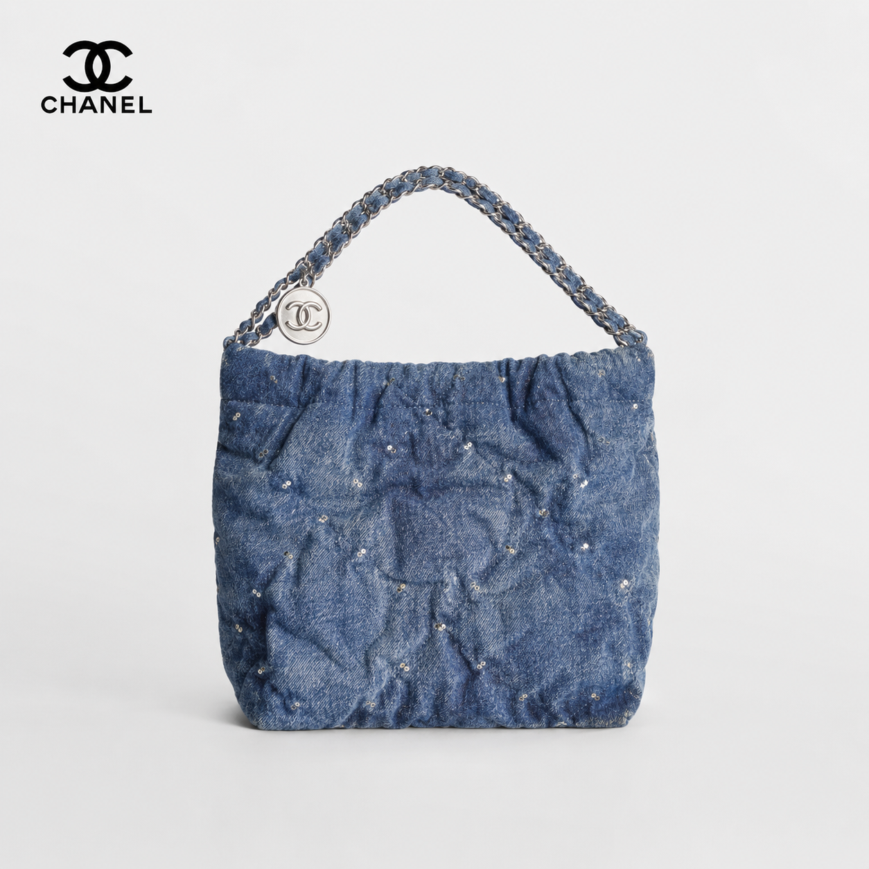 シャネル CHANEL 22 スモール ハンドバッグ AS3260 ブルー ウォッシュドデニム パール風スタッズ シルバー金具 チェーンショルダーバッグ