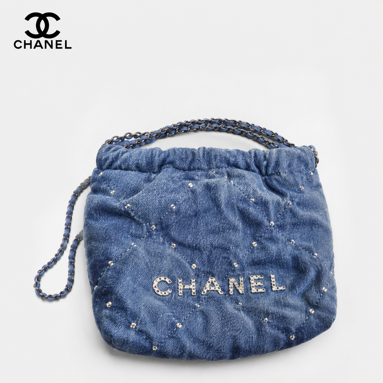 シャネル CHANEL 22 スモール ハンドバッグ AS3260 ブルー ウォッシュドデニム パール風スタッズ シルバー金具 チェーンショルダーバッグ
