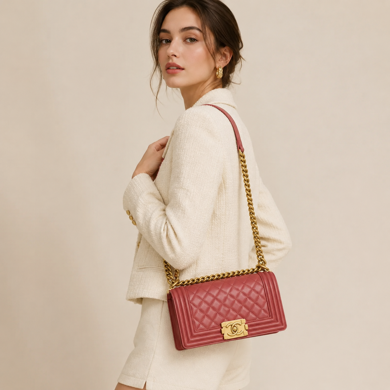 シャネル BOY CHANEL 25 A67086 ボルドー ラムスキン ゴールド金具 チェーンショルダーバッグ