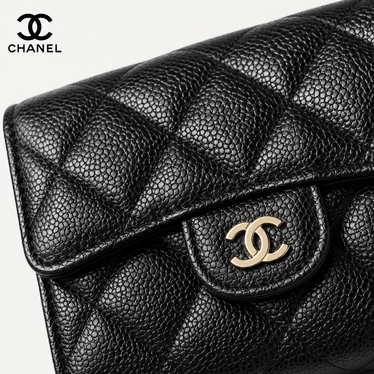 CHANEL　シャネル　マトラッセ　三つ折り財布　ブラック シャネル マトラッセ 三つ折り財布 キャビアスキン ブラック ココ