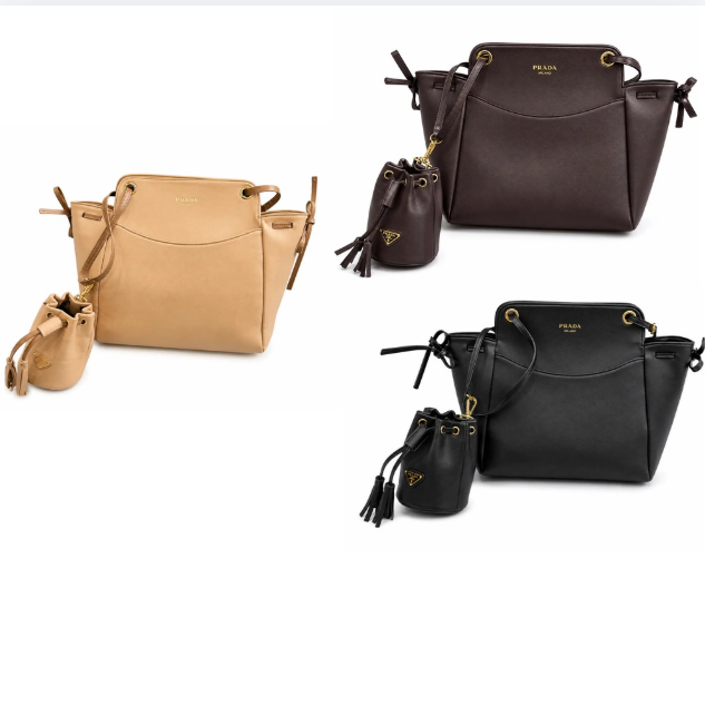 PRADA 天地蓋 抽紐バケットバッグ ショルダーバッグ 斜め掛け レディース 28×23cm｜ライトキャメル・ダークブラウン・ブラック
