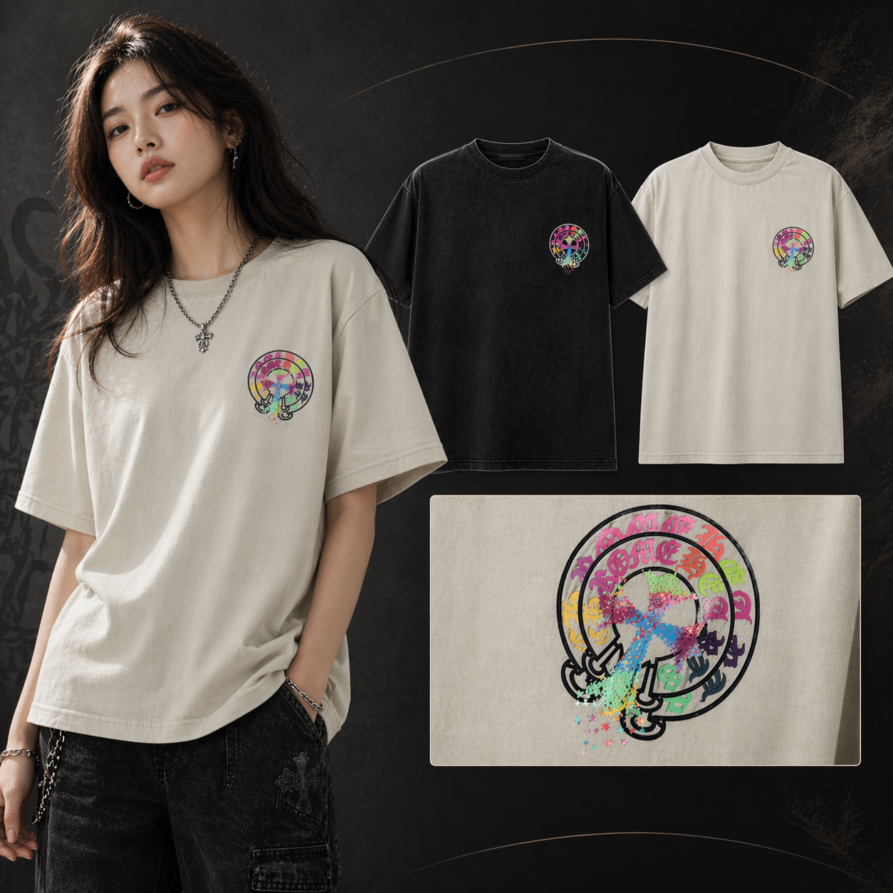 【Chrome Hearts】Tシャツ 男女兼用 夏用 高品質 カップル向け 十字架＆サンスクリット柄 半袖