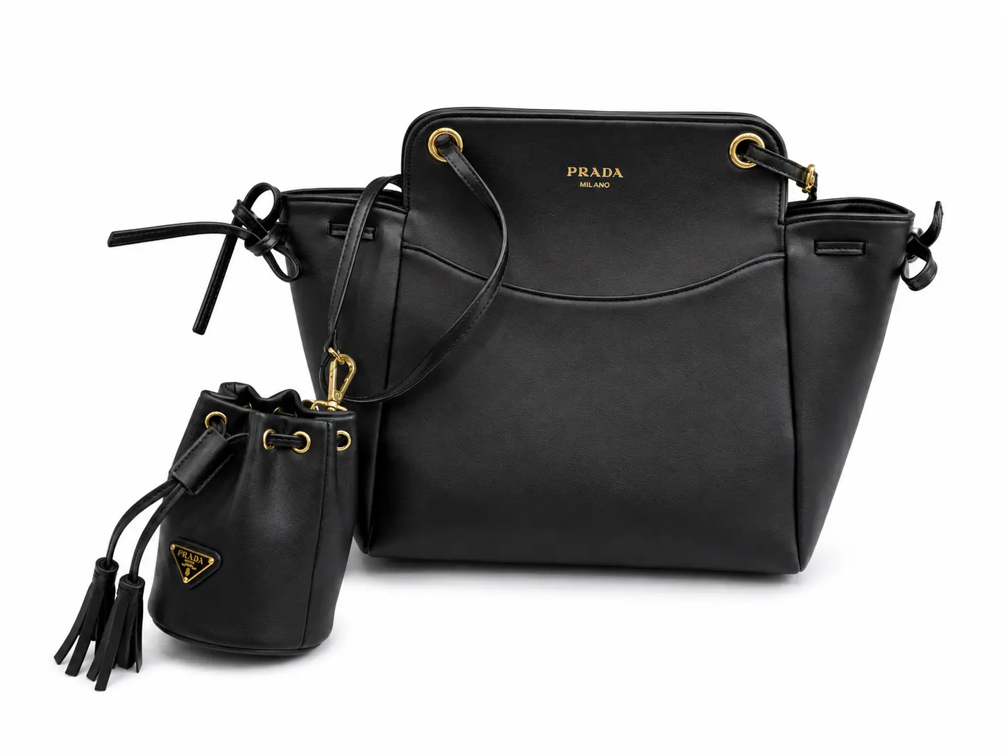 PRADA 天地蓋 抽紐バケットバッグ ショルダーバッグ 斜め掛け レディース 28×23cm｜ライトキャメル・ダークブラウン・ブラック