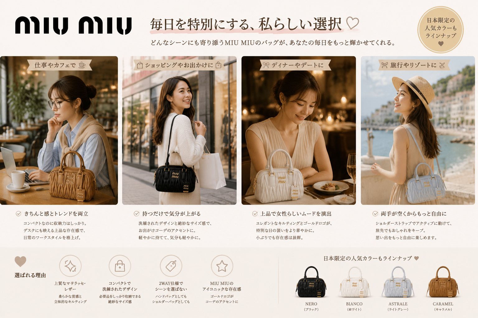 Miu Miu マテラッセ レザー ハンドバッグ｜毎日に上質なエレガンスを