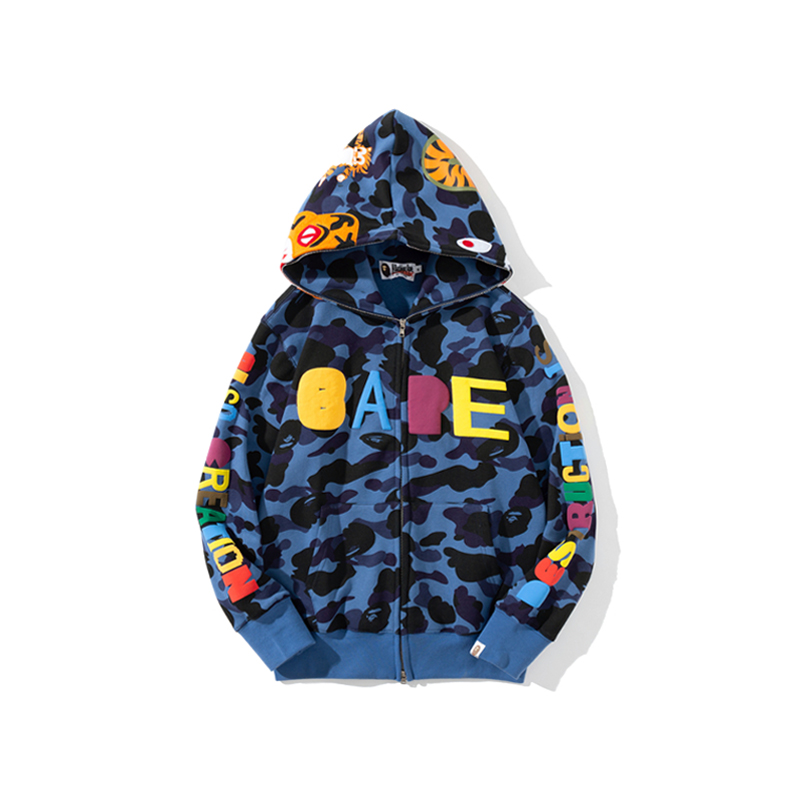 BAPE x READYMADE タイガーヘッド発泡プリント迷彩ジップパーカー｜ブルー・グリーン M〜3XL