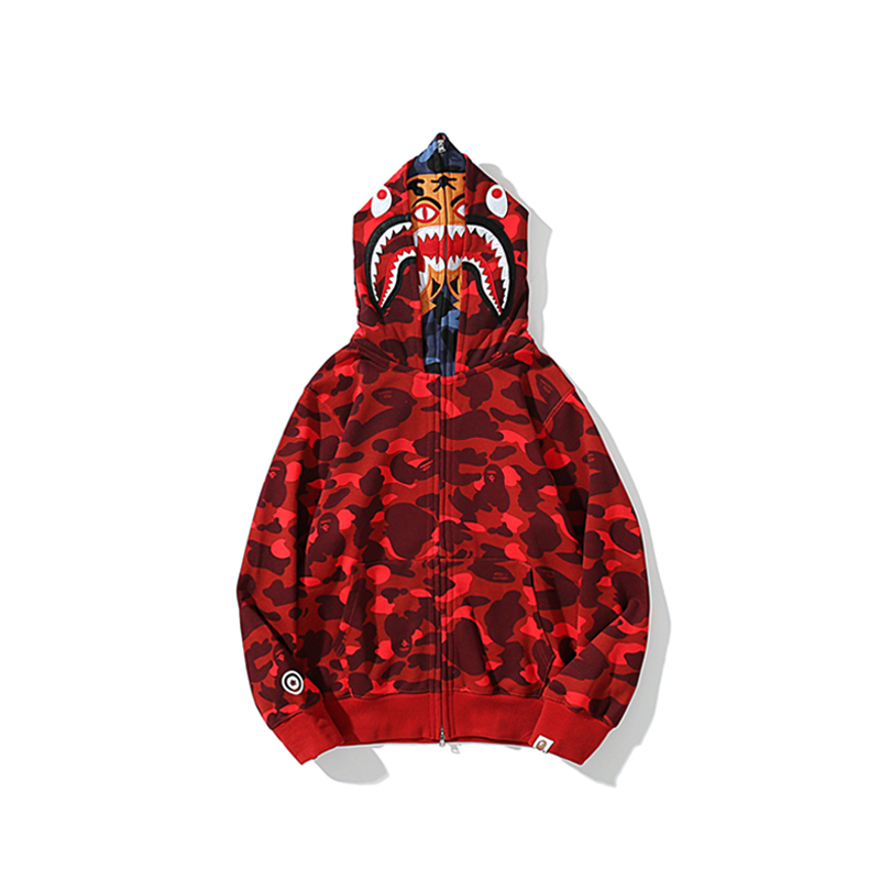 BAPE シャークヘッド＆タイガーヘッド ダブルフード迷彩ジップパーカー｜ブラック・レッド M〜3XL