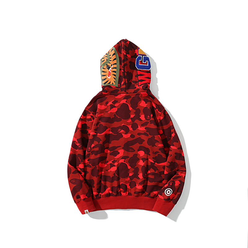 BAPE シャークヘッド＆タイガーヘッド ダブルフード迷彩ジップパーカー｜ブラック・レッド M〜3XL