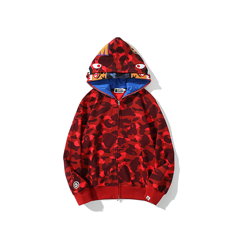 BAPE シャークヘッド＆タイガーヘッド ダブルフード迷彩ジップパーカー｜ブラック・レッド M〜3XL