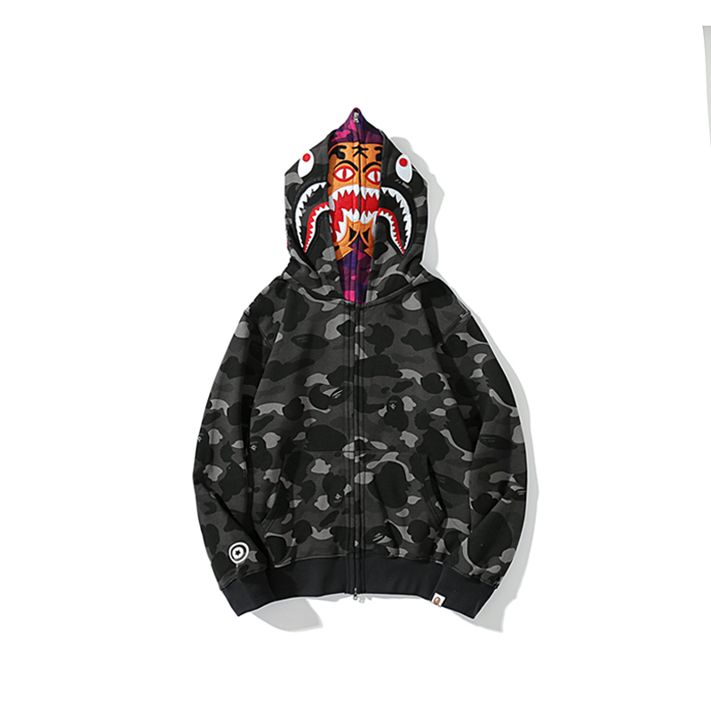 BAPE シャークヘッド＆タイガーヘッド ダブルフード迷彩ジップパーカー｜ブラック・レッド M〜3XL