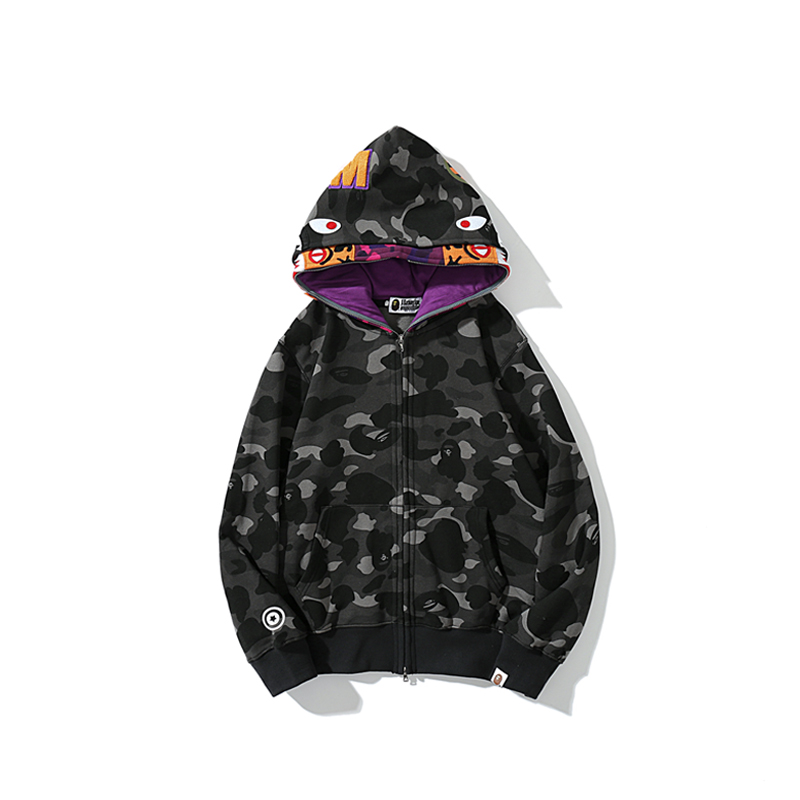 BAPE シャークヘッド＆タイガーヘッド ダブルフード迷彩ジップパーカー｜ブラック・レッド M〜3XL