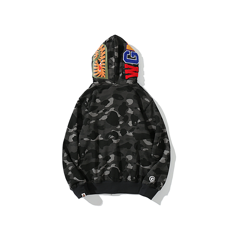 BAPE シャークヘッド＆タイガーヘッド ダブルフード迷彩ジップパーカー｜ブラック・レッド M〜3XL