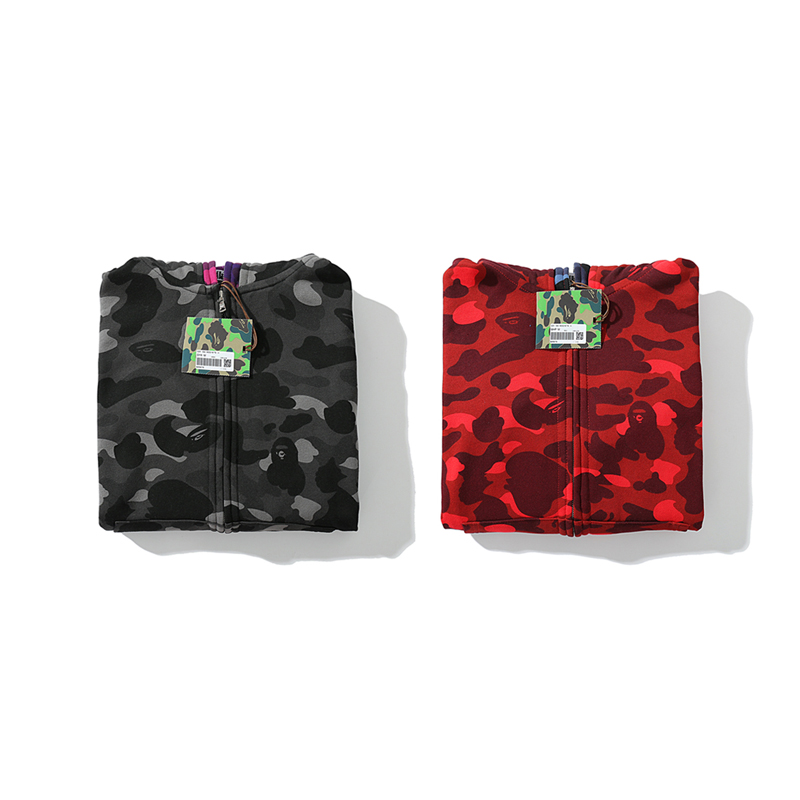BAPE シャークヘッド＆タイガーヘッド ダブルフード迷彩ジップパーカー｜ブラック・レッド M〜3XL