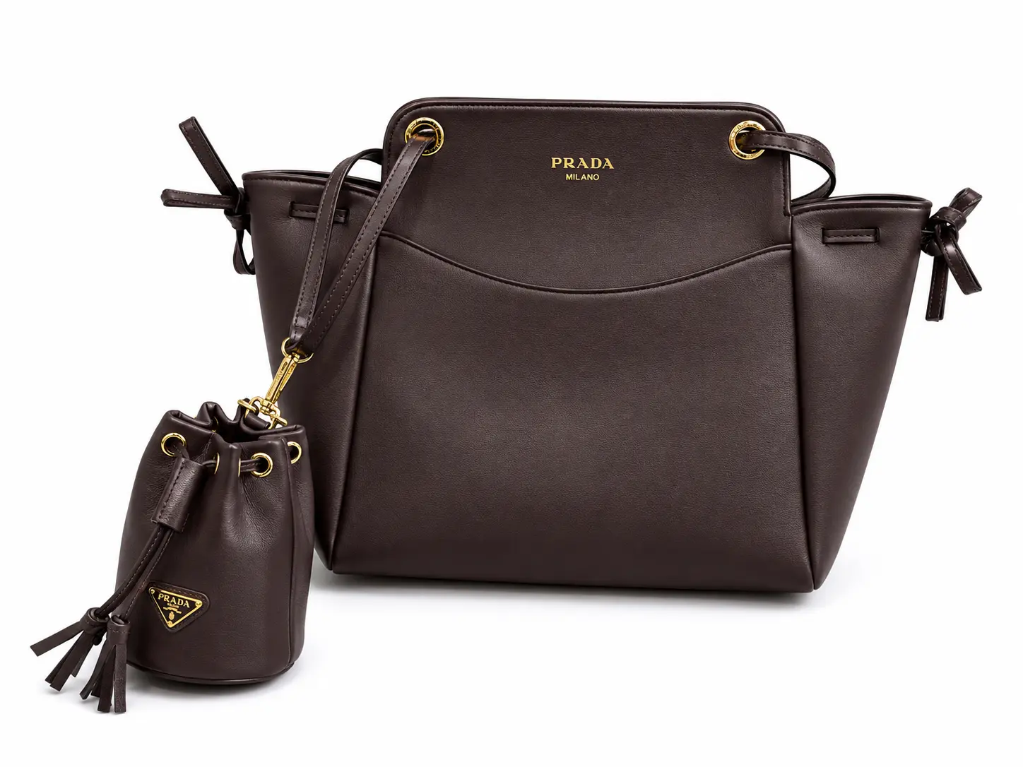 PRADA 天地蓋 抽紐バケットバッグ ショルダーバッグ 斜め掛け レディース 28×23cm｜ライトキャメル・ダークブラウン・ブラック