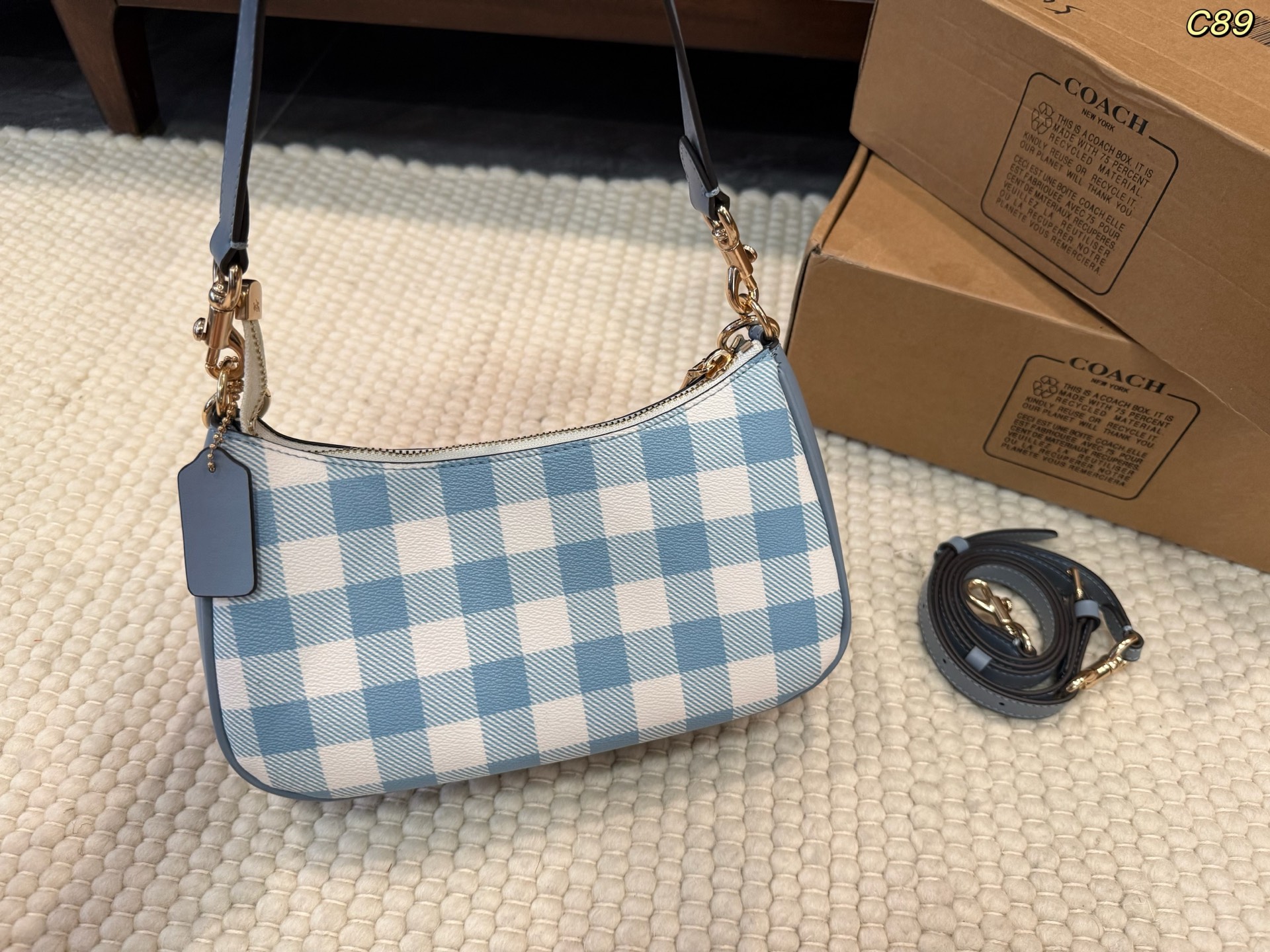 COACH コーチ Teri テリ ショルダーバッグ チェック柄 パールチェーン 2WAY レディース