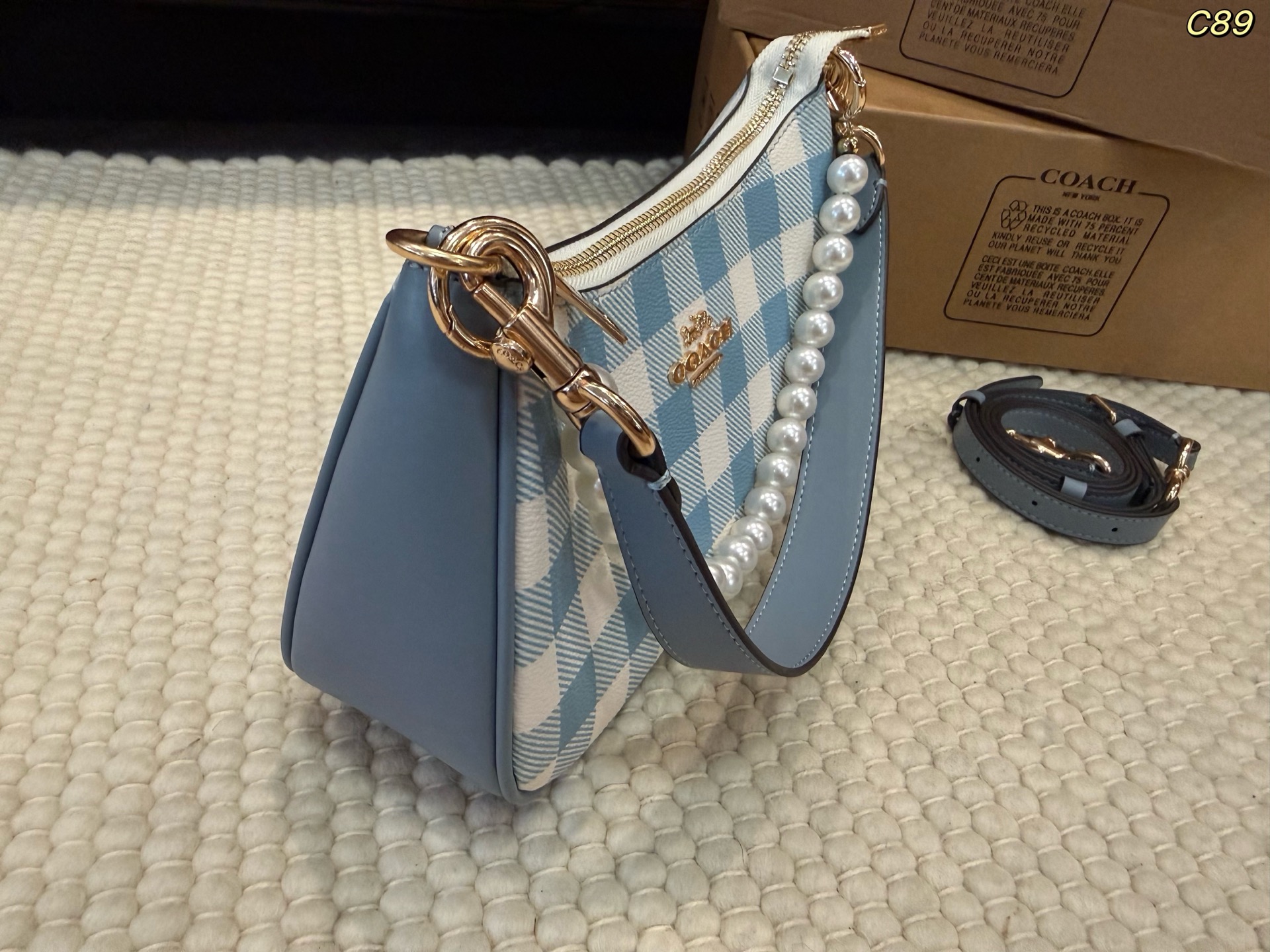 COACH コーチ Teri テリ ショルダーバッグ チェック柄 パールチェーン 2WAY レディース