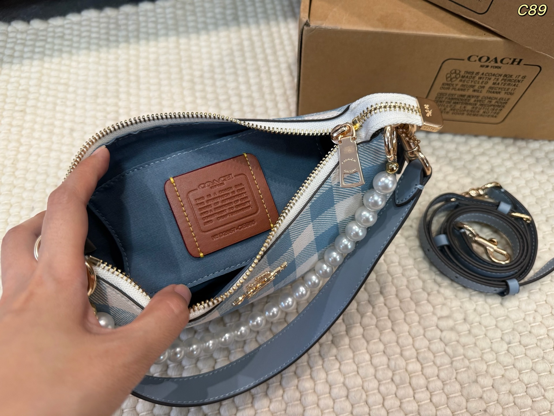 COACH コーチ Teri テリ ショルダーバッグ チェック柄 パールチェーン 2WAY レディース