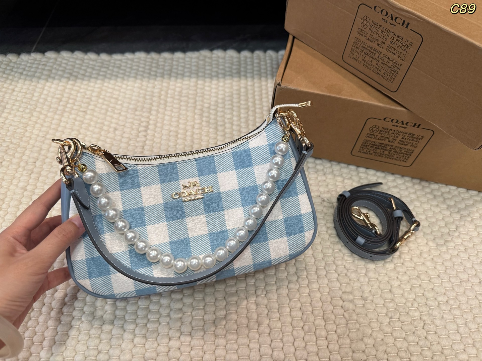 COACH コーチ Teri テリ ショルダーバッグ チェック柄 パールチェーン 2WAY レディース