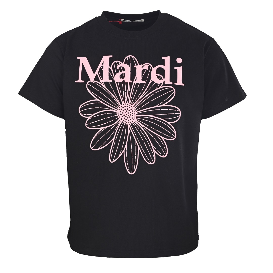 MARDI MERCREDI 韓国風 フラワープリント 半袖Tシャツ ブラック×ピンク