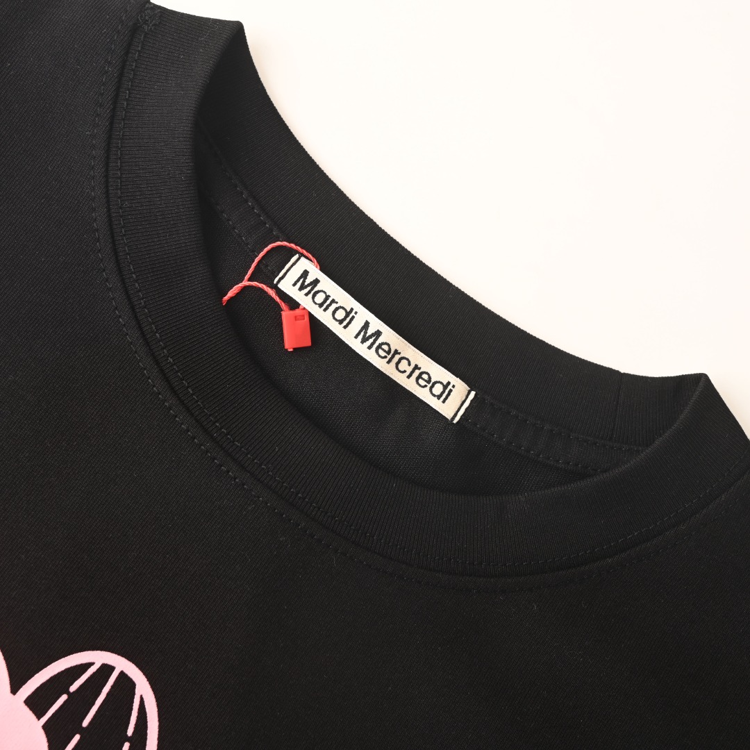 MARDI MERCREDI 韓国風 フラワープリント 半袖Tシャツ ブラック×ピンク