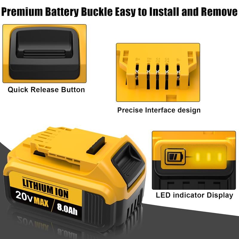8.0Ah Lithium Battery Replacement for Dewalt 20V Battery Lithium-ion MAX DCB200 DCD/DCF/DCG/DCS Series dewalt batteries