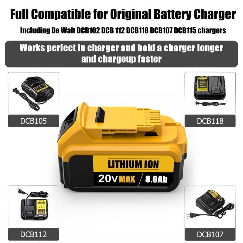 8.0Ah Lithium Battery Replacement for Dewalt 20V Battery Lithium-ion MAX DCB200 DCD/DCF/DCG/DCS Series dewalt batteries