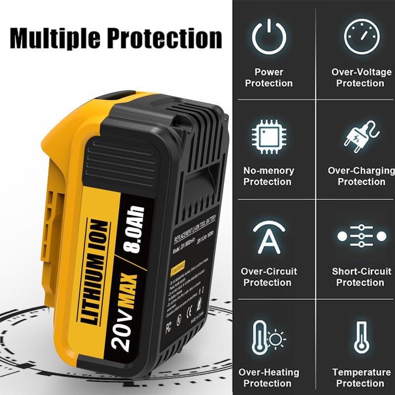 8.0Ah Lithium Battery Replacement for Dewalt 20V Battery Lithium-ion MAX DCB200 DCD/DCF/DCG/DCS Series dewalt batteries