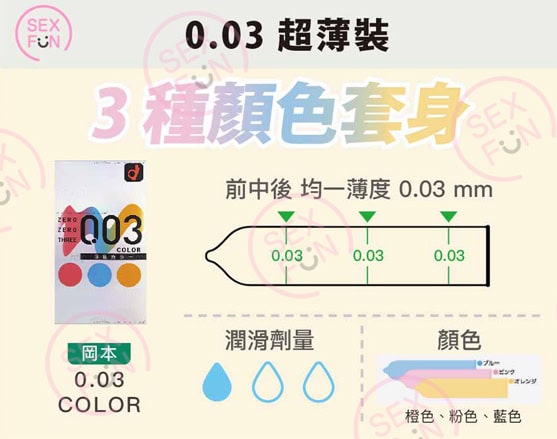 ＊特價只限網店！＊ 岡本0.03三色安全套 － 12片-Toys-L.HK