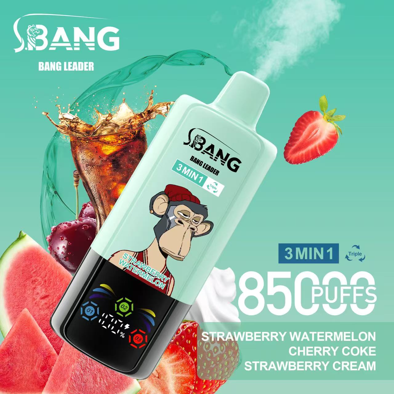 Bang Leader 85000パフ 3-in-1 使い捨て電子タバコ、3種類フレーバー切替、LEDディスプレイ搭載