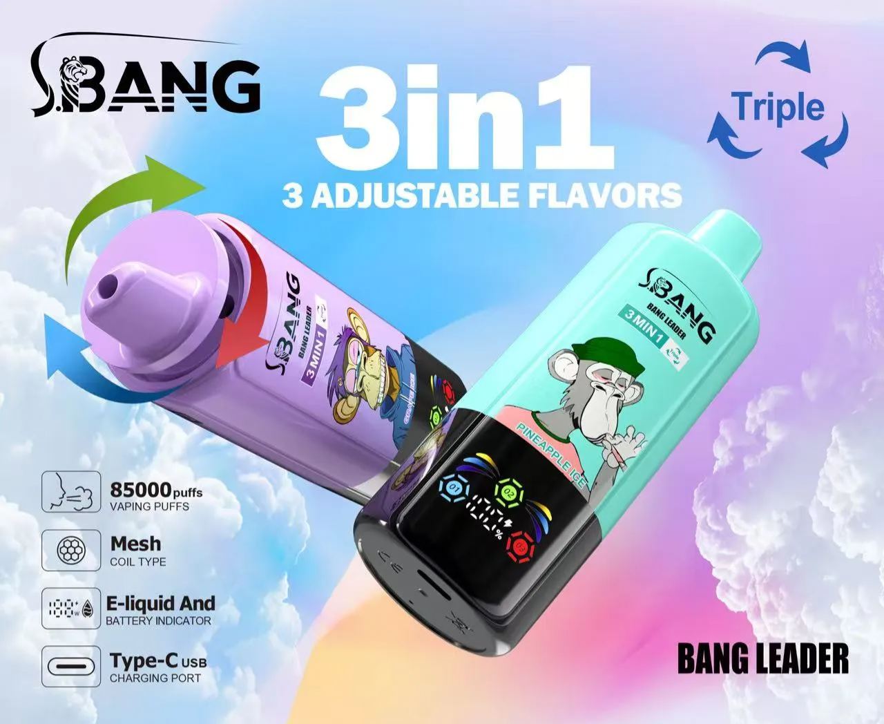Bang Leader 85000パフ 3-in-1 使い捨て電子タバコ、3種類フレーバー切替、LEDディスプレイ搭載