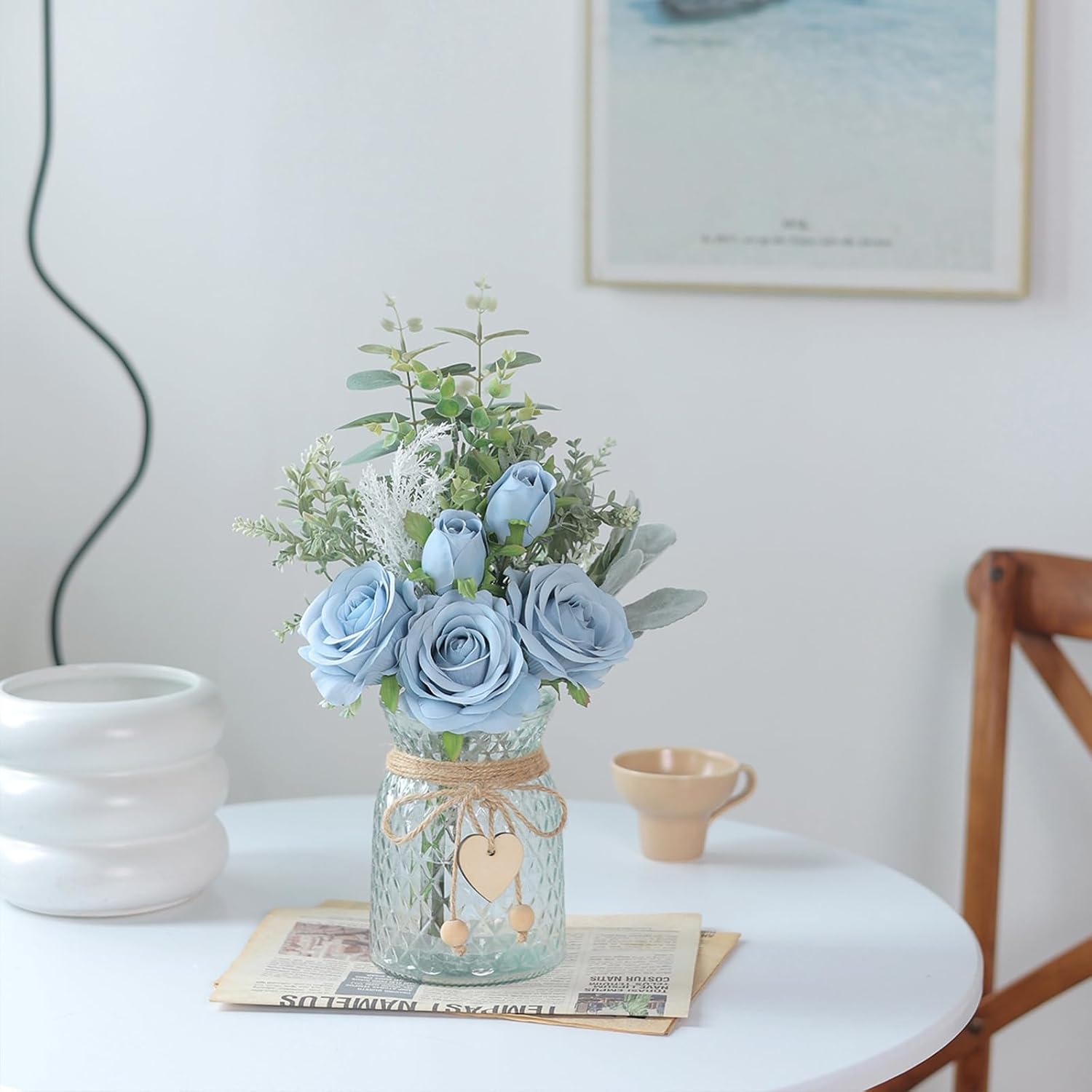 14.5" Artificial Silk Roses with Vase for Home Decoration (Dusty Blue) | Realistic Faux Eucalyptus & Fake Silk Flowers in Vase, for Office Farmhouse Bathroom Dining Table Centerpiece Decoration