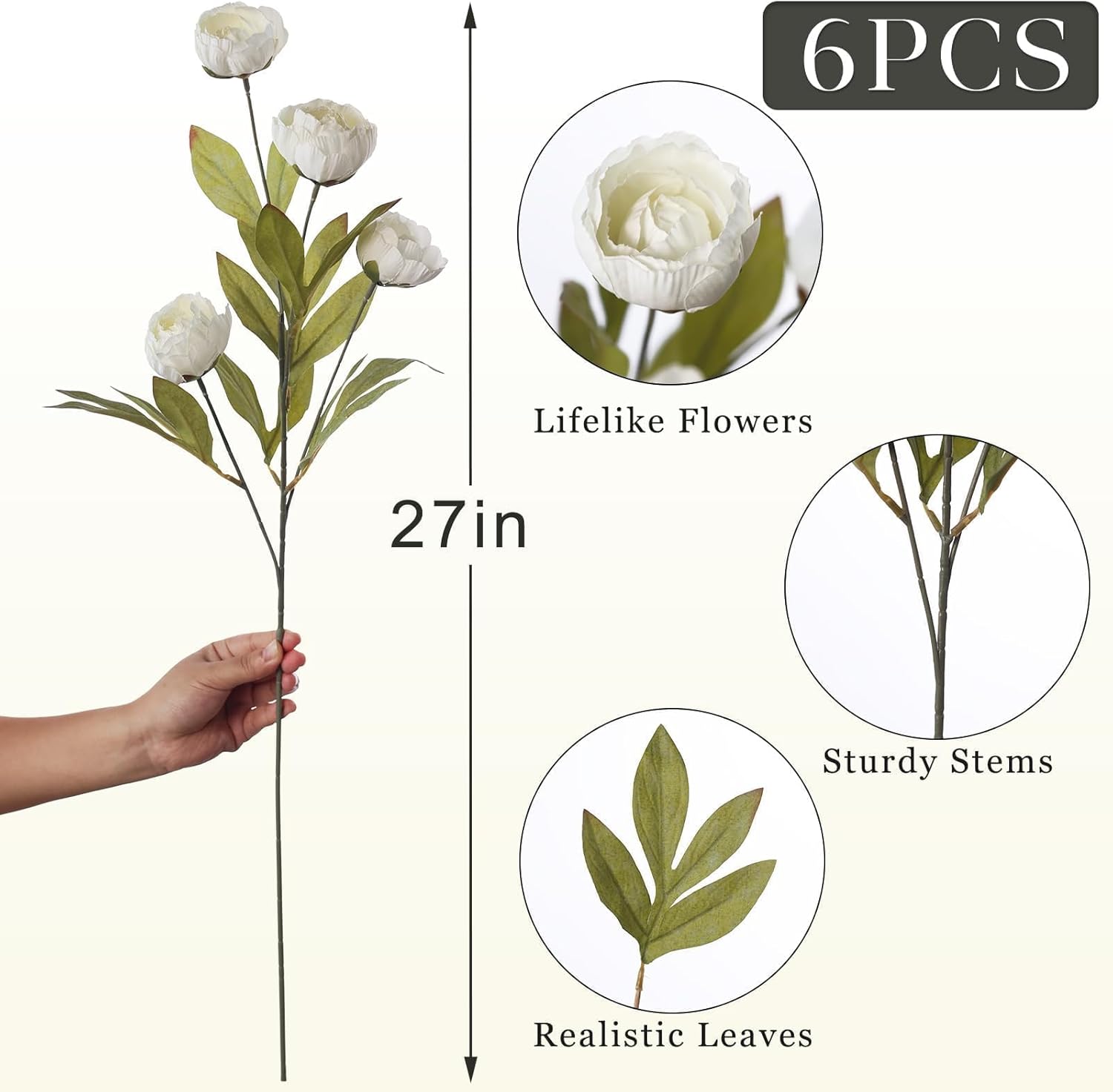 6 Pcs 27" Faux Silk Peony Artificial Flowers Stems for Vase (Cream) | Bulk Fake Peonies Branches with Stems, for DIY Bouquet Table Centerpieces Wedding Fillers Arrangements Shower Home Decoration