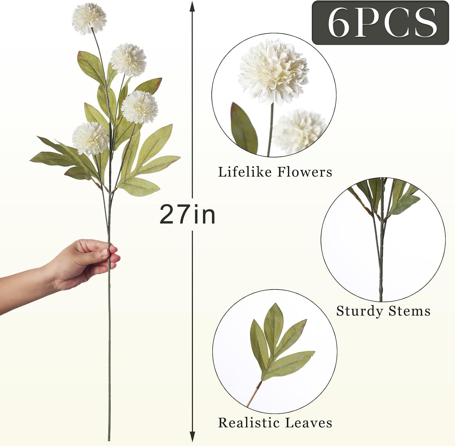 6 Pcs 27" Artificial Pompon Mum Silk Flower Stems for Vase (Cream) | Bulk Fake Chrysanth Branches Faux Silk Flowers