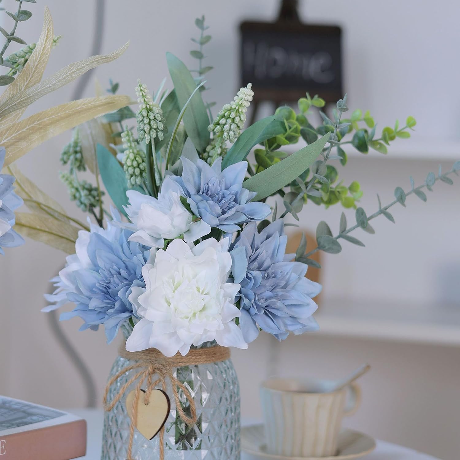14.5" Artificial Dahlia Flowers with Vase for Home Decor (Dusty Blue) | Lifelike Fake Flowers & Plants in Vase, Faux Eucalyptus Willow with Dahlias, for Farmhouse Kitchen Table Centerpiece Decor