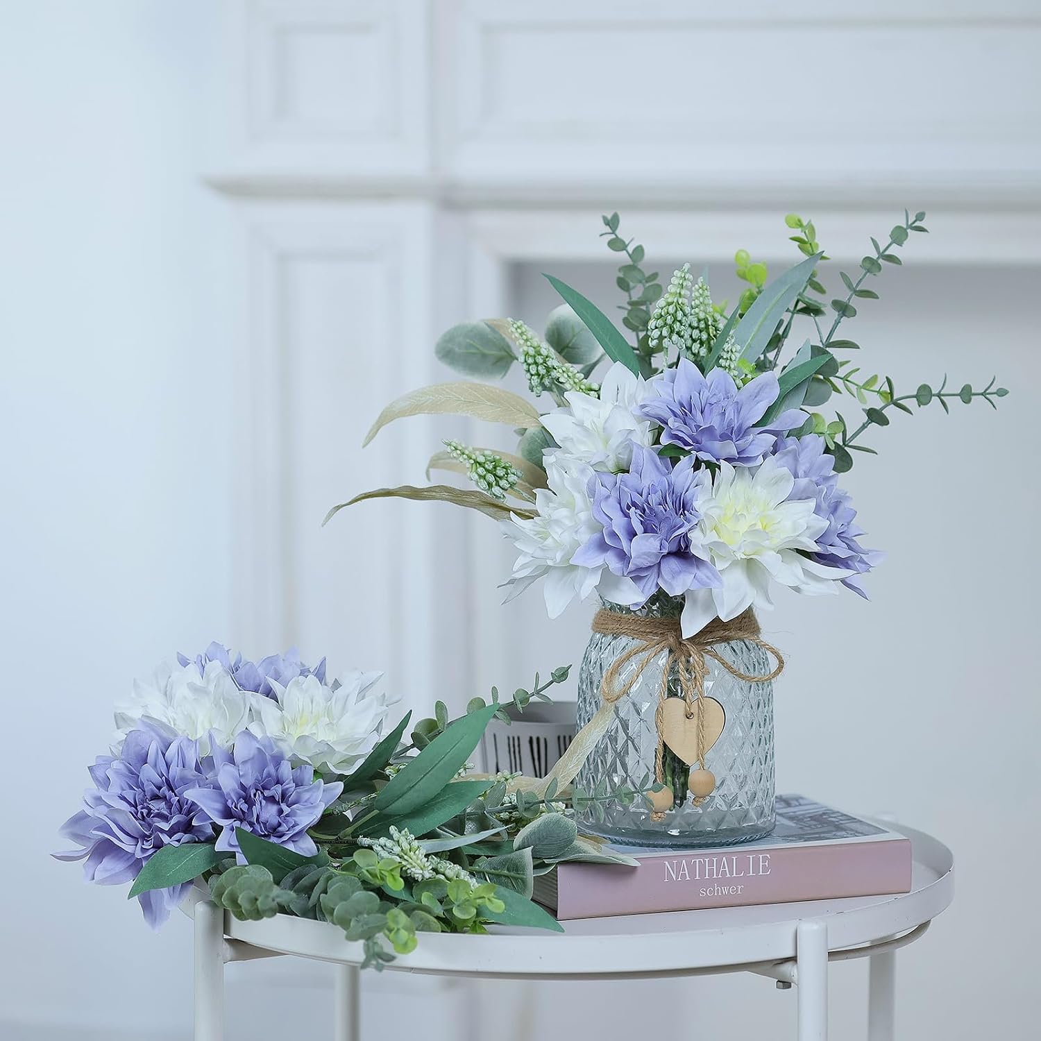 14.5" Artificial Dahlia Flowers with Vase for Home Decor (Dusty Purple) | Lifelike Fake Flowers & Plants in Vase, Faux Eucalyptus Willow with Dahlias, for Farmhouse Kitchen Table Centerpiece Decor