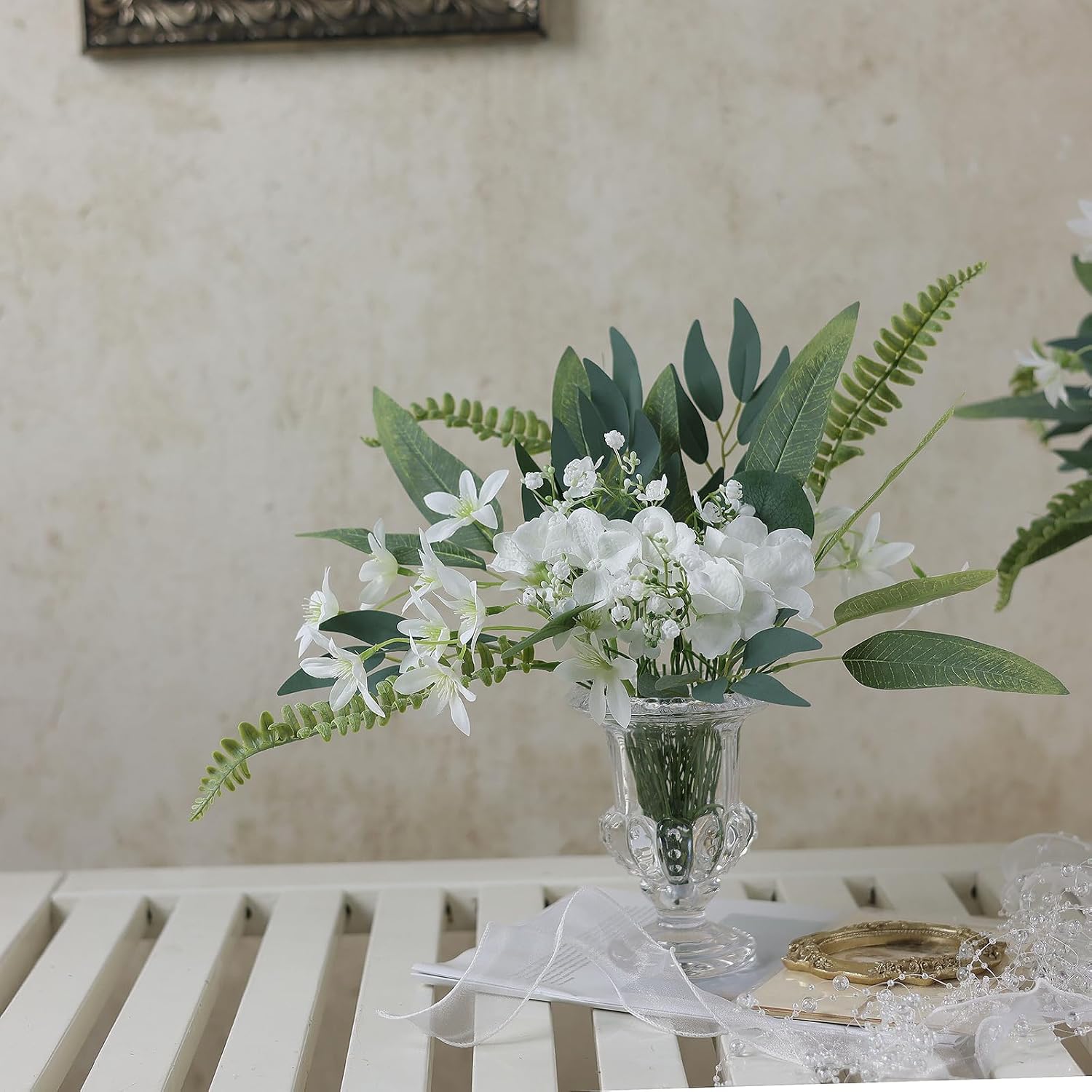 85PCS 8 Kinds Artificial Greenery Stems Box Set(White&Dusty Green) | Realistic Faux Plants and Fake Flowers,for DIY Bouquet Table Centerpieces and Floral Arrangement Decoration